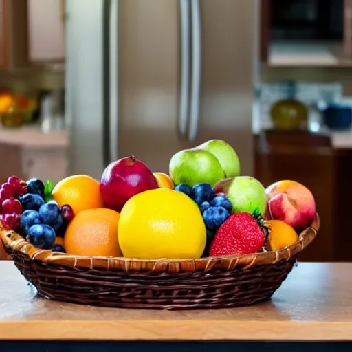 a fruit basket on top of a kitchen table, action photo Stable Diffusion OpenArt