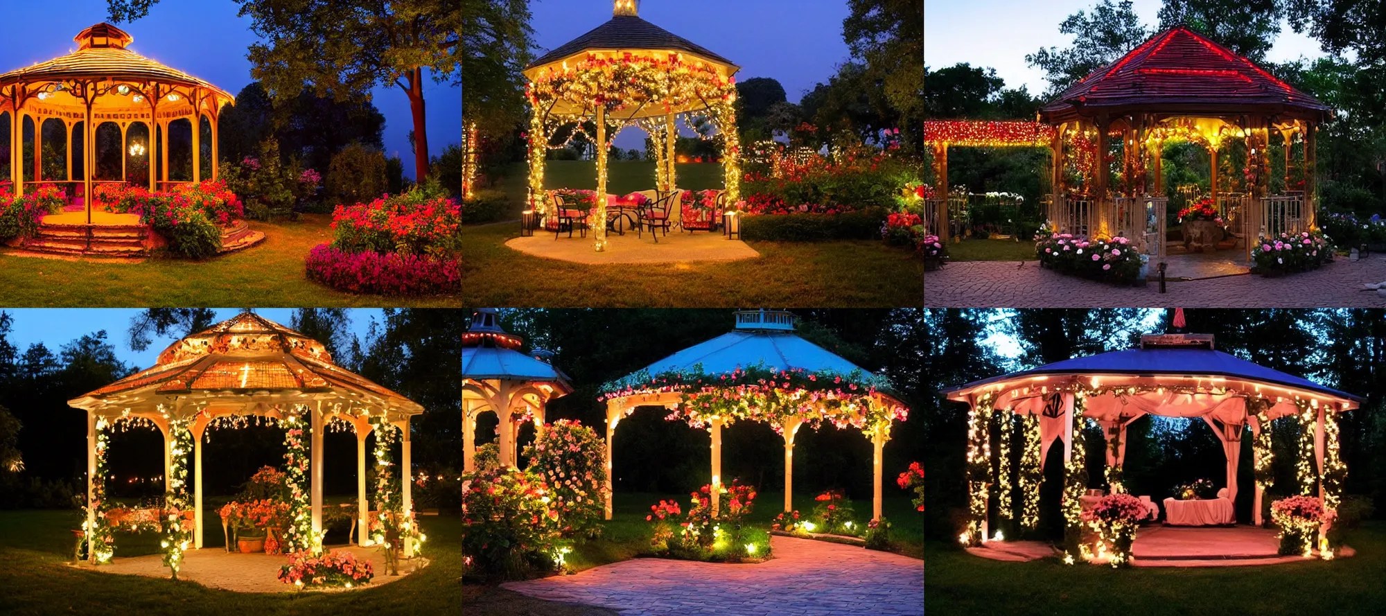 beautiful gazebo with flowers and pretty lights, dusk, Stable Diffusion