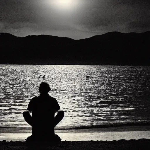 a man sits on the beach by a lake on a moonless night, Stable Diffusion