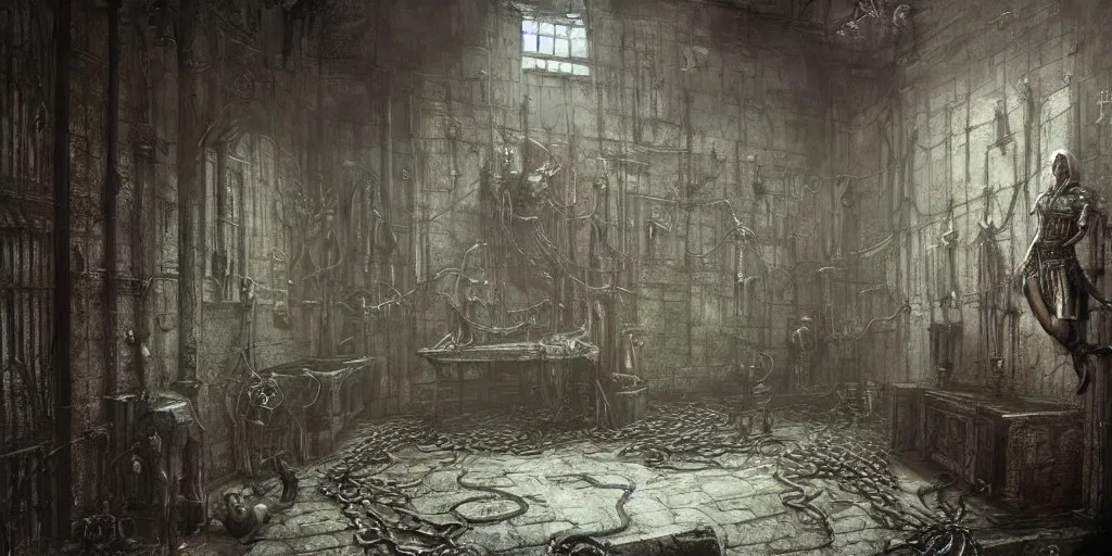 torture dungeon room interior, chain, intricate, Stable Diffusion