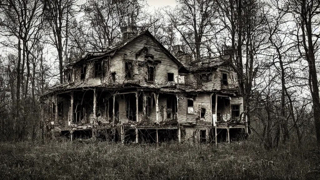 photograph old abandoned house in the forest, dark, Stable Diffusion