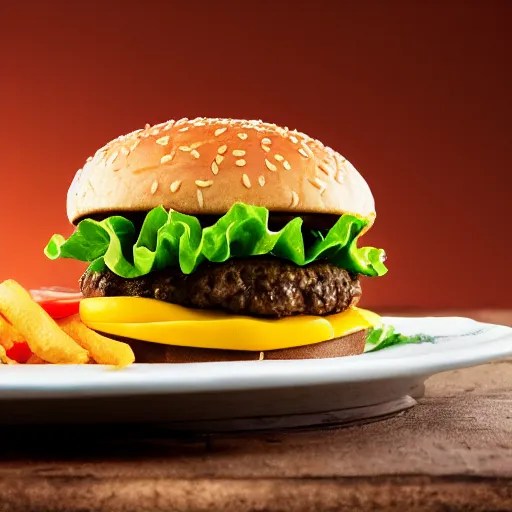 85mm food photograph of the perfect cheeseburger shot Stable