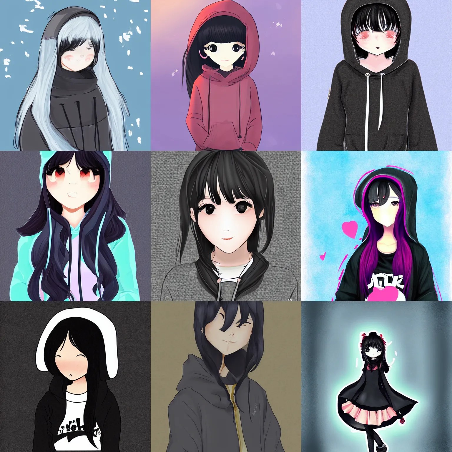 digital art of black haired cute girl wearing hoodie Stable Diffusion