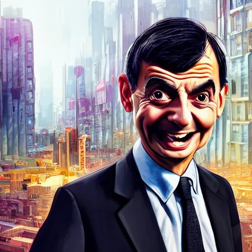 mr bean, head and shoulder shot, cyberpunk city, city Stable Diffusion