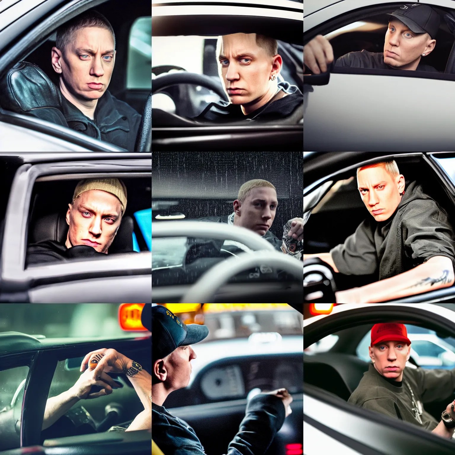 Eminem as a taxi driver with steering wheel in his Stable Diffusion