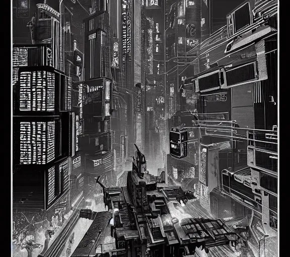 a black and white illustration of a cyberpunk epic Stable Diffusion