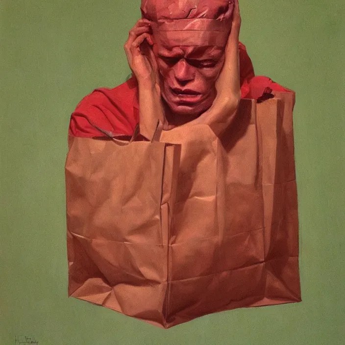 melting portrait with a white paper bag over the head, Stable