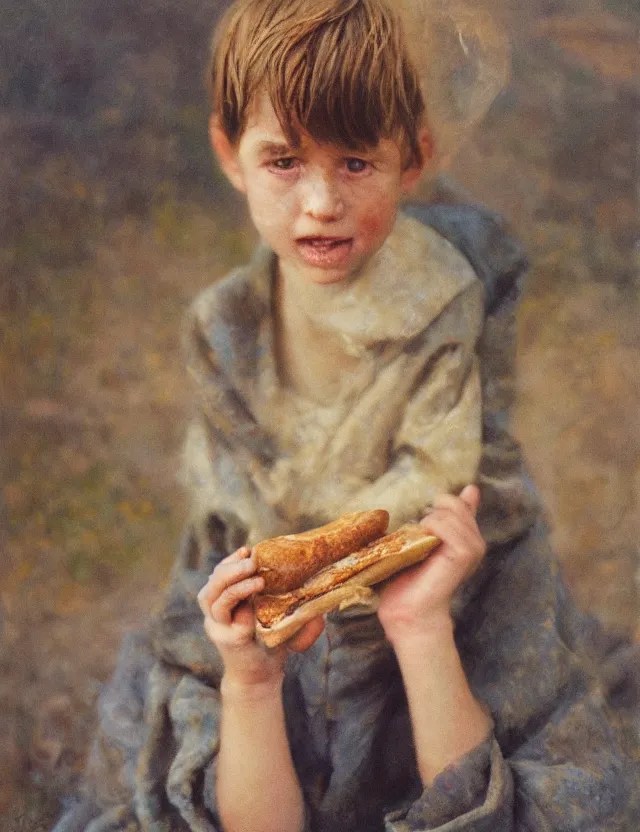 portrait of peasant boy biting a bread, cottage core, Stable