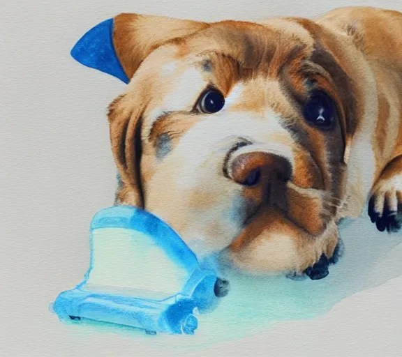A puppy barking at a vacuum cleaner, watercolor Stable Diffusion