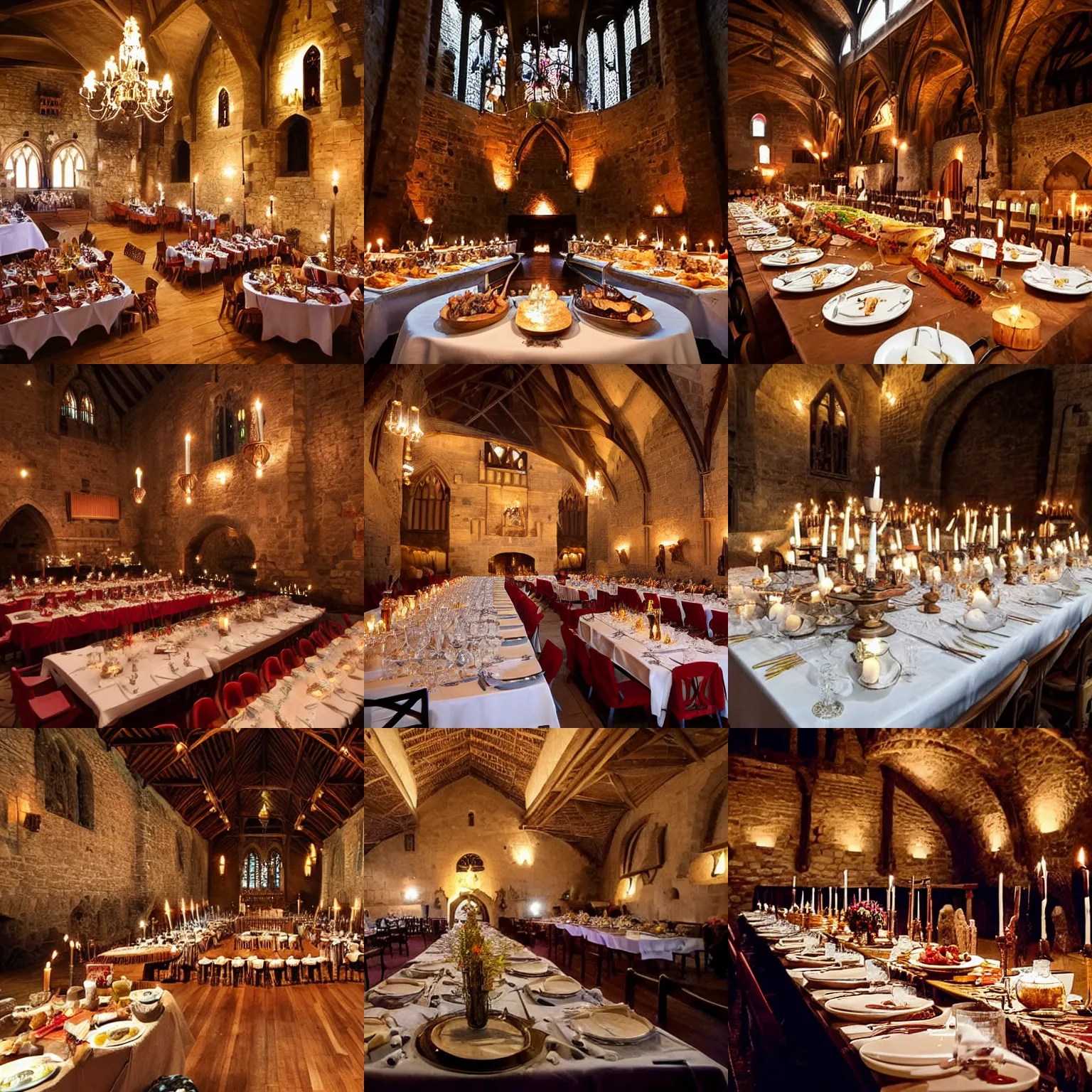 medieval feast, castle great hall, food, candles, Stable Diffusion