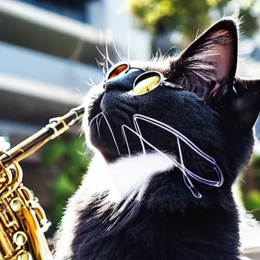 extremely fluffy black cat wearing sunglasses and Stable Diffusion