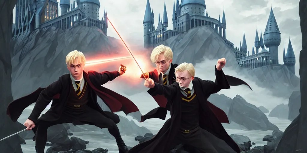 harry potter fighting draco malfoy, highly detailed, Stable Diffusion OpenArt