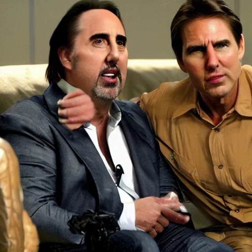 nicolas cages, sitting on tom cruise, mean while Stable Diffusion