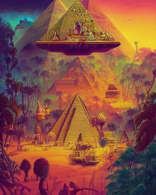 egyptian pyramids in the jungle with golden airships, Stable