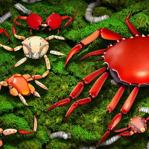 large group of crabs and worms, crawling along a bed Stable Diffusion
