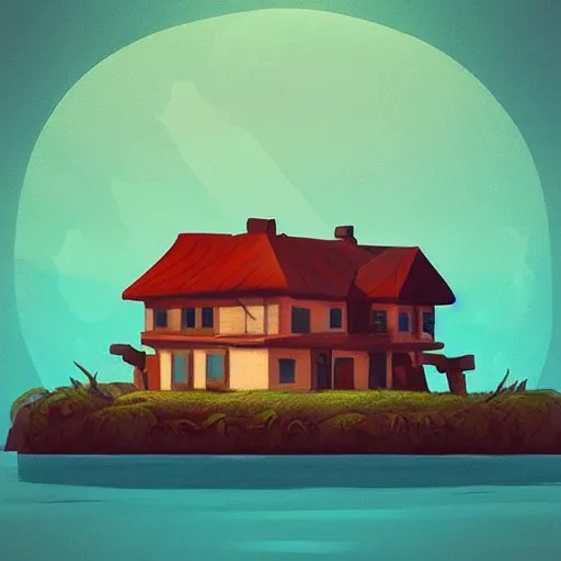 “digital painting of a house on an island in the style Stable Diffusion
