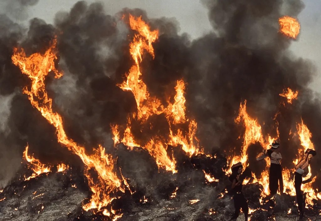 fashion editorial in Kuwait oil fields burning fire Stable Diffusion