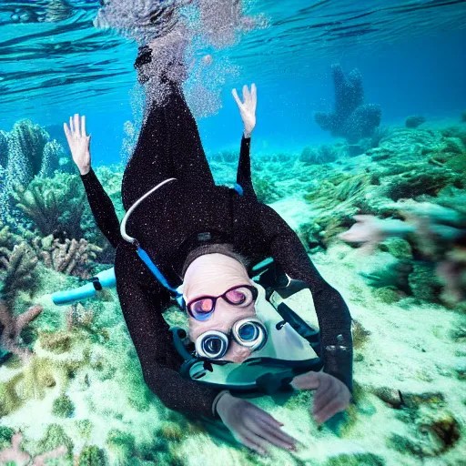 angela merkel under water dives through a coral reef, Stable