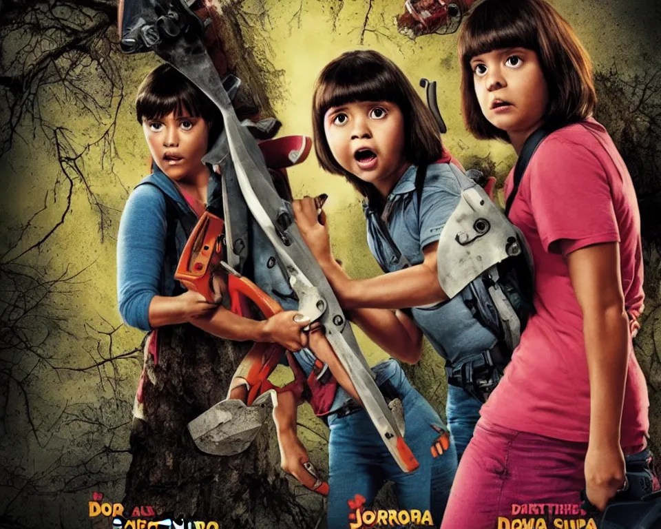 a horror movie poster featuring Dora holding a Chainsaw Stable