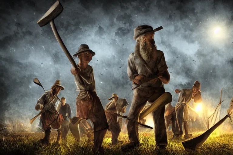 villagers with axes and pitchforks, village, dark Stable Diffusion