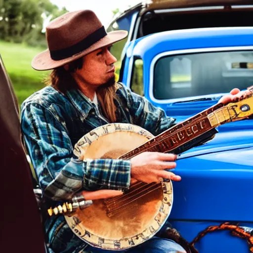 A folkpunk brown hound dog playing the banjo in front Stable