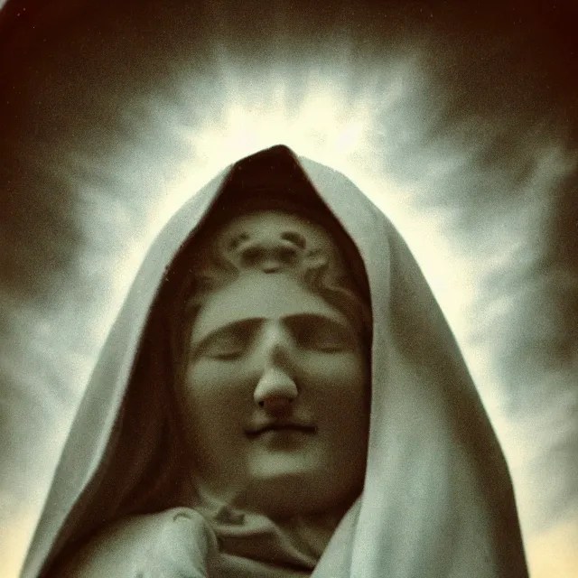 vintage polaroid of white mother mary statue crying Stable Diffusion