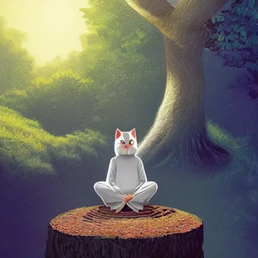 one cat zen master meditating on hillside, next to a Stable Diffusion