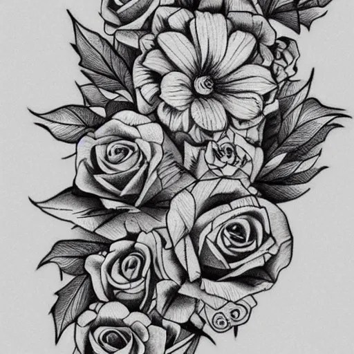 photograph of a floral tattoo, black ink line drawing, Stable Diffusion