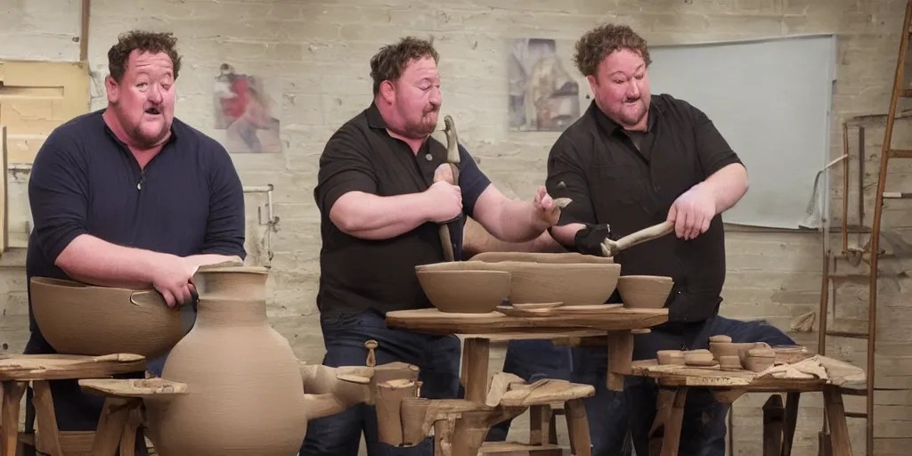 johnny vegas sitting making a very large clay teapot, Stable Diffusion