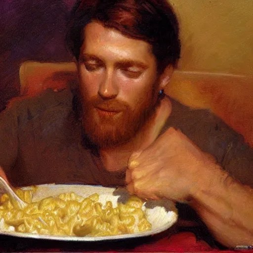 Jesus eating mac n’ cheese, painting by Gaston Stable Diffusion