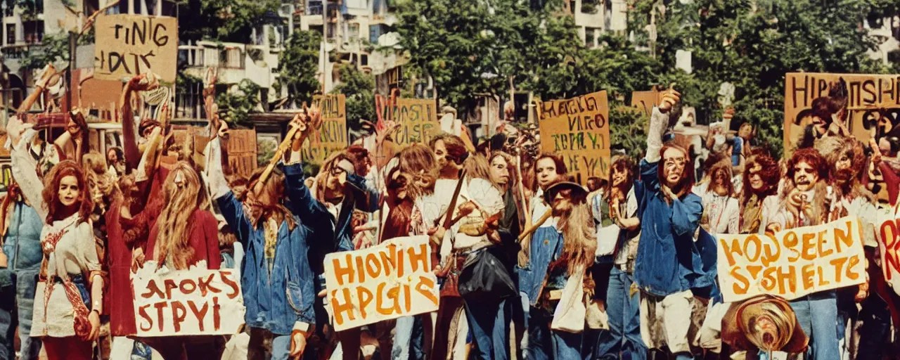 hippies protesting with spaghetti signs, 1 9 6 0's,, Stable Diffusion