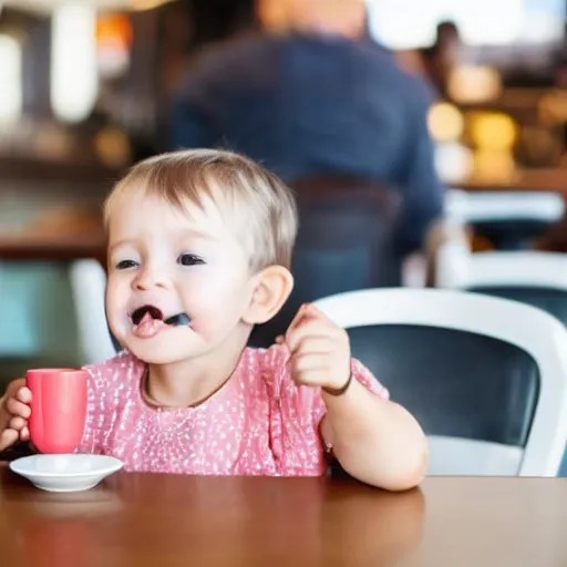 a toddler sipping an espresso in a coffee shop Stable Diffusion OpenArt