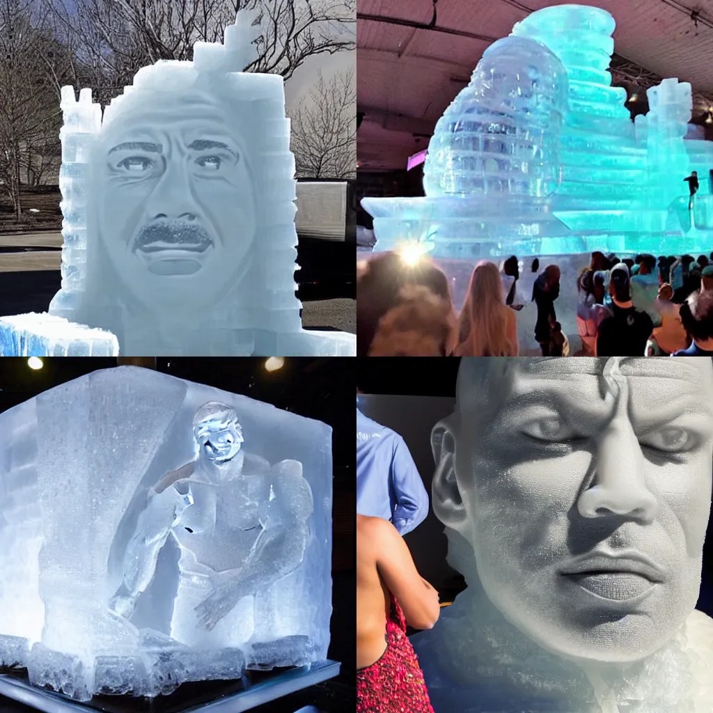 an ice sculpture of Dwayne The Rock Johnson, visually Stable