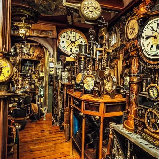 interior of a steampunk clock shop, father time, messy Stable Diffusion