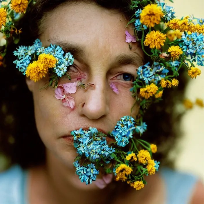 closeup portrait of a woman with flowers growing out Stable Diffusion