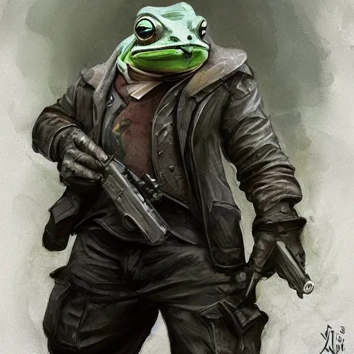 a badass frog mafia boss holding gun. nuri iyem, james Stable