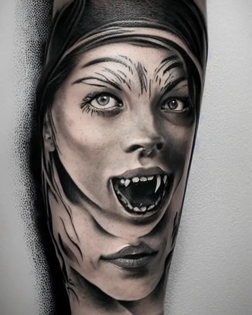 a girl with a tiger hat tattoo, hyper realistic, hyper Stable
