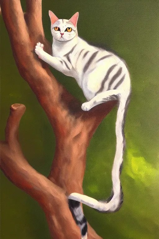old oil painting of a a cat hanging from a tree Stable Diffusion