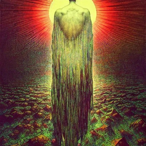 the cult leader stands at the altar as sunlight pours Stable