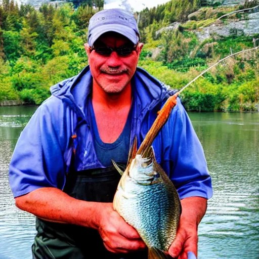 a fisherman holding a giant fish smilingly. Stable Diffusion OpenArt