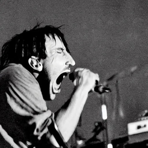 Trent Reznor screaming and smashing a guitar on a Stable Diffusion