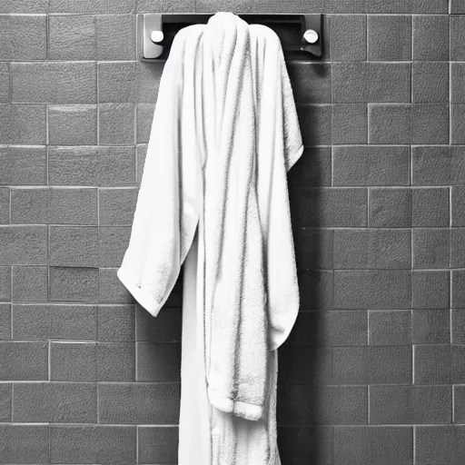 a single bathrobe belt on a metal towel rack, tile wall Stable