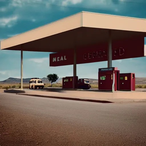 render of a vintage gas station near Marfa, Texas by Stable Diffusion