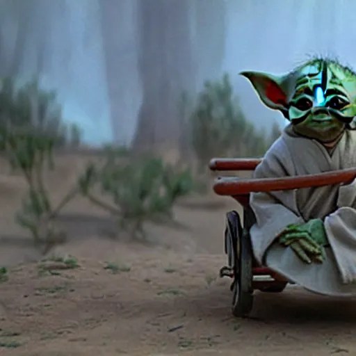 a film still of baby yoda's kid riding a wagon to get Stable