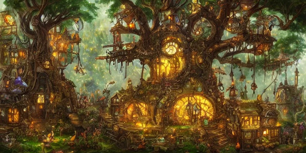 a steampunk fairy village in a tree, highly detailed Stable Diffusion