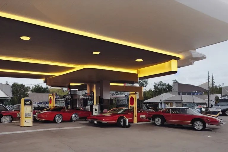 a beautiful luxurious gas station, retro and 1 9 8 0 s Stable
