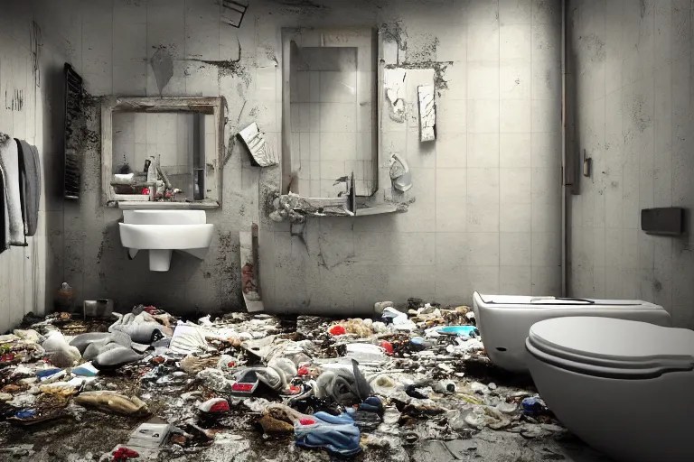 a messy bathroom with a washbasin and a toilet, lots Stable Diffusion