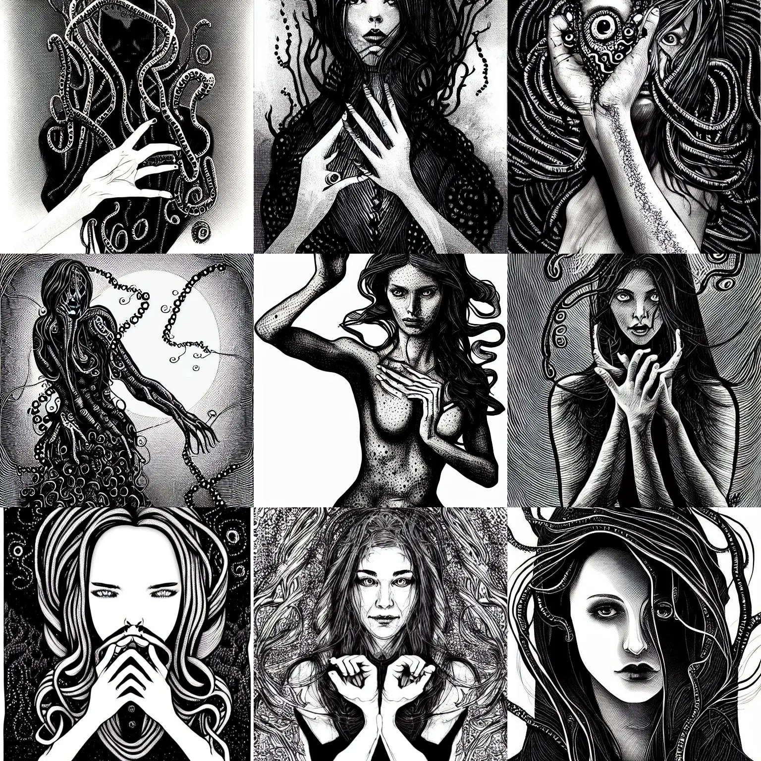 pen and ink portrait of a women with lovecraftian Stable Diffusion