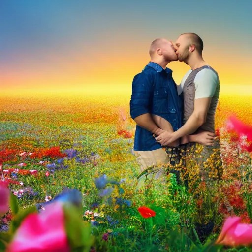 a gay couple together in a field of flowers at sunset, Stable