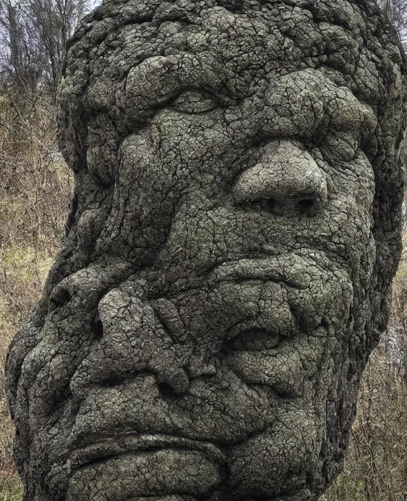 giant head sculpture in the meadow, made of stones and Stable Diffusion
